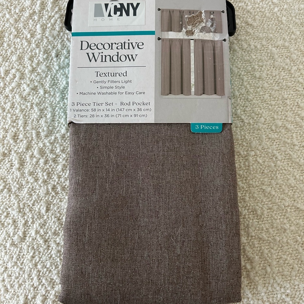 VCNY Brown Textured 3 Piece Tier Set Curtains Modern Accents